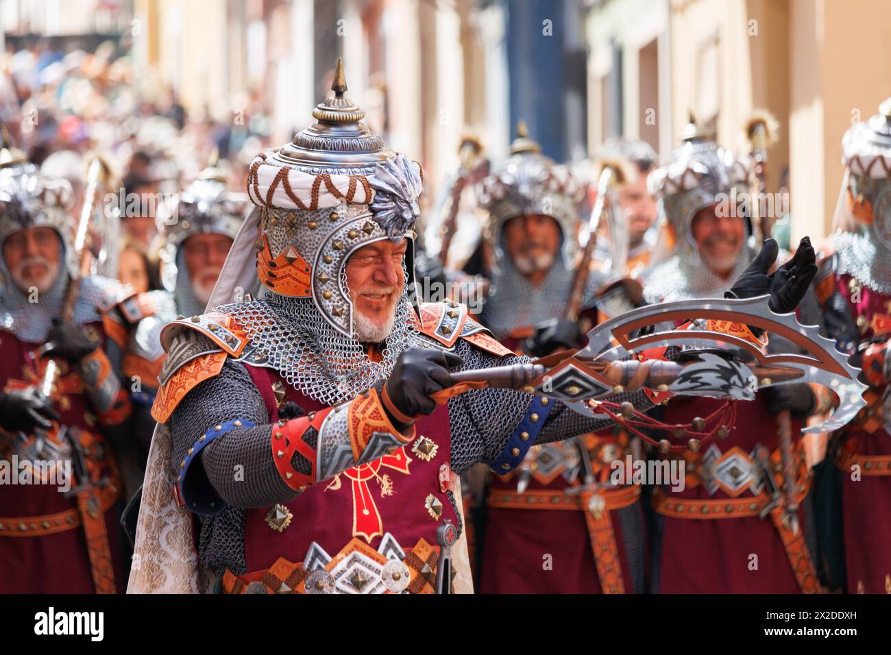 Alcoy, Spain, 04-20-2024: Special squad of the Mozarabes troupe for its hundredth anniversary in the Moors and Christians parade of Alcoy, a festival Stock Photo