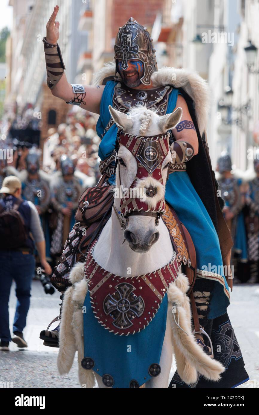 Alcoy, Spain, 04-20-2024: Special squad of the Basque troupe with its corporal in front in the Moors and Christians parade of Alcoy, a festival of int Stock Photo