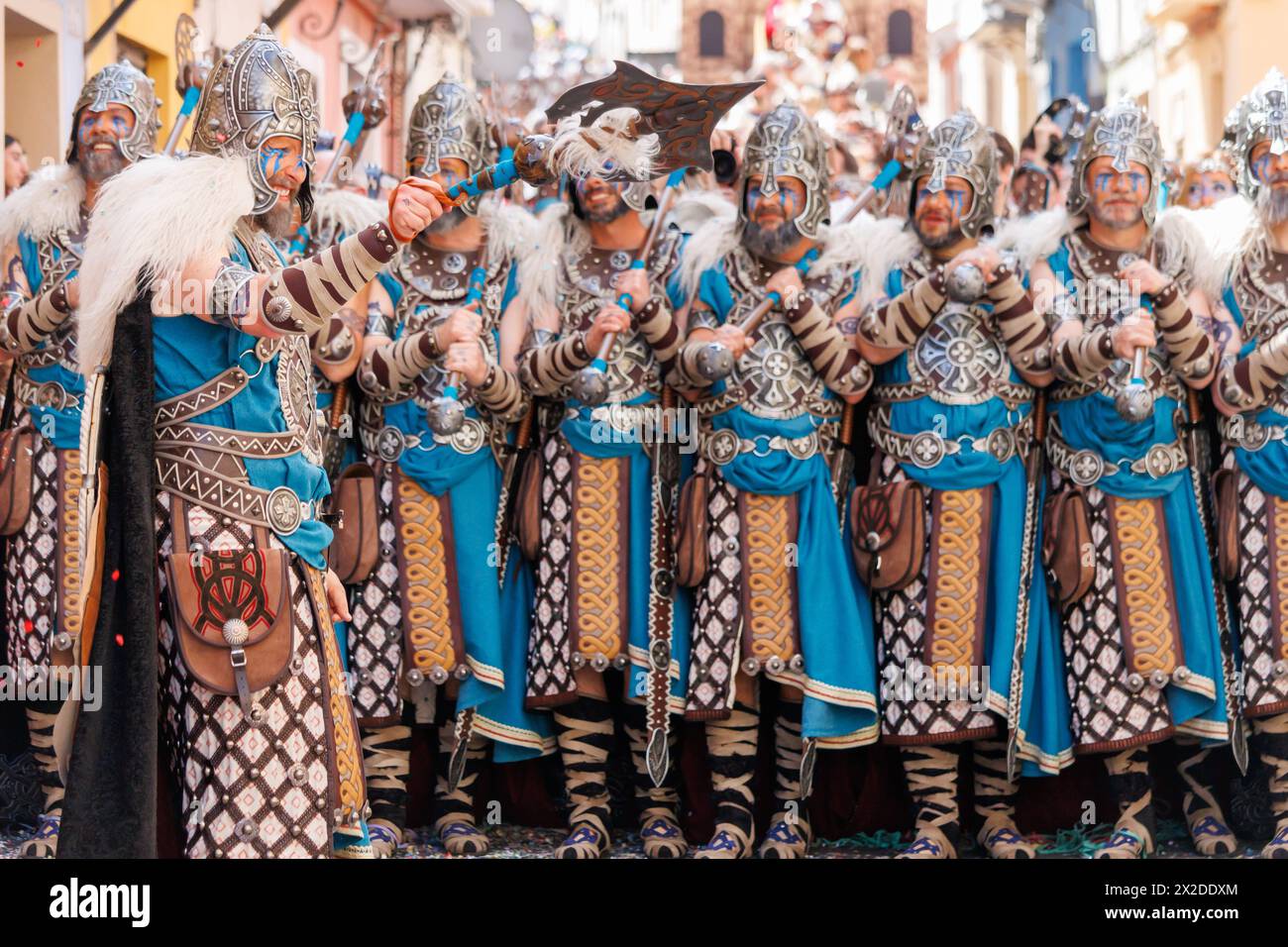 Alcoy, Spain, 04-20-2024: Special squad of the Basque troupe with its corporal in front in the Moors and Christians parade of Alcoy, a festival of int Stock Photo