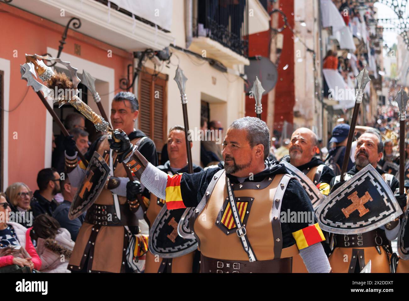 Alcoy, Spain, 04-20-2024: Squadron of the Aragoneses troupe with its corporal in front in the Moors and Christians parade of Alcoy, a festival of inte Stock Photo