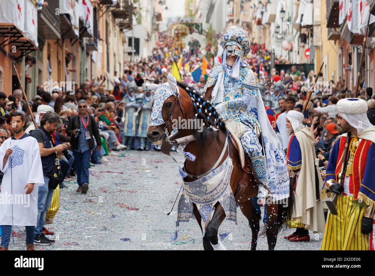 04-20-2024, Alcoy, Spain: Rider and horse from the special squad of the Mudejar group parading through the streets of Alcoy. Popular festivals declare Stock Photo