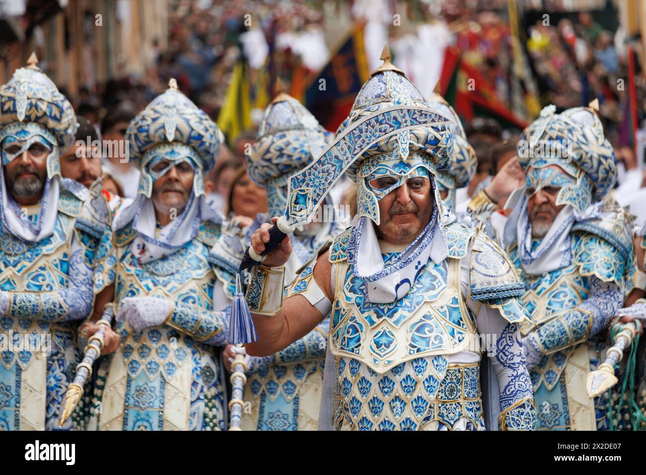 04-20-2024, Alcoy, Spain: Special squad of the Mudejar group parading through the streets of Alcoy. Popular festivals declared of international touris Stock Photo