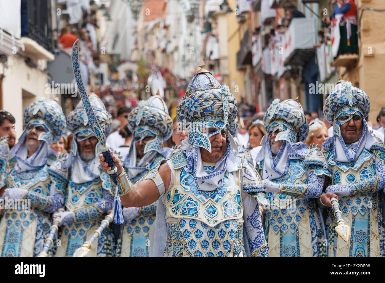 04-20-2024, Alcoy, Spain: Special squad of the Mudejar group parading through the streets of Alcoy. Popular festivals declared of international touris Stock Photo