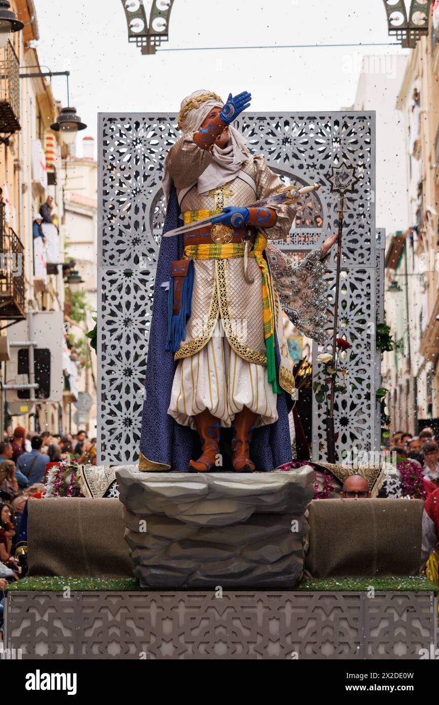 04-20-2024, Alcoy, Spain: Captain of the Mudejares troupe parading on his float through the streets of Alcoy Stock Photo
