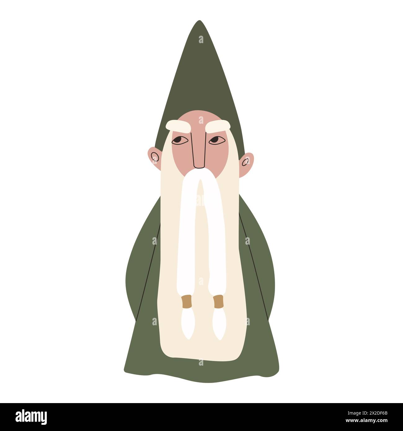 An old wise dwarf with a very long white beard, decorated with gold hairpins, wearing a pointed cap and a green robe. Wizard. Druid. Vector Stock Vector