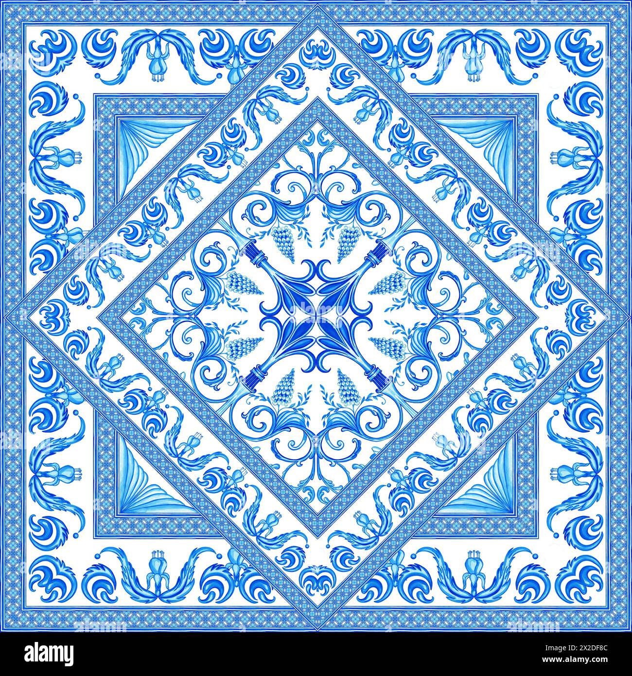 Ceramic tile design in blue colors. Sicilian seamless ornament. Baroque ...