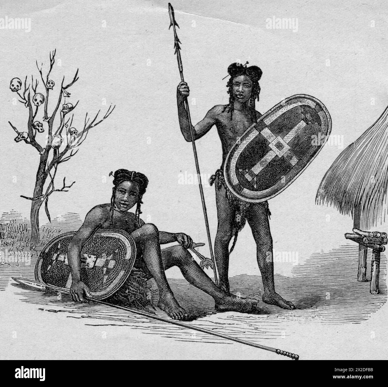 people, ethnicity, Africa, Zande, warriors, wood engraving based on drawing by George Schweinfurth, ADDITIONAL-RIGHTS-CLEARANCE-INFO-NOT-AVAILABLE Stock Photo