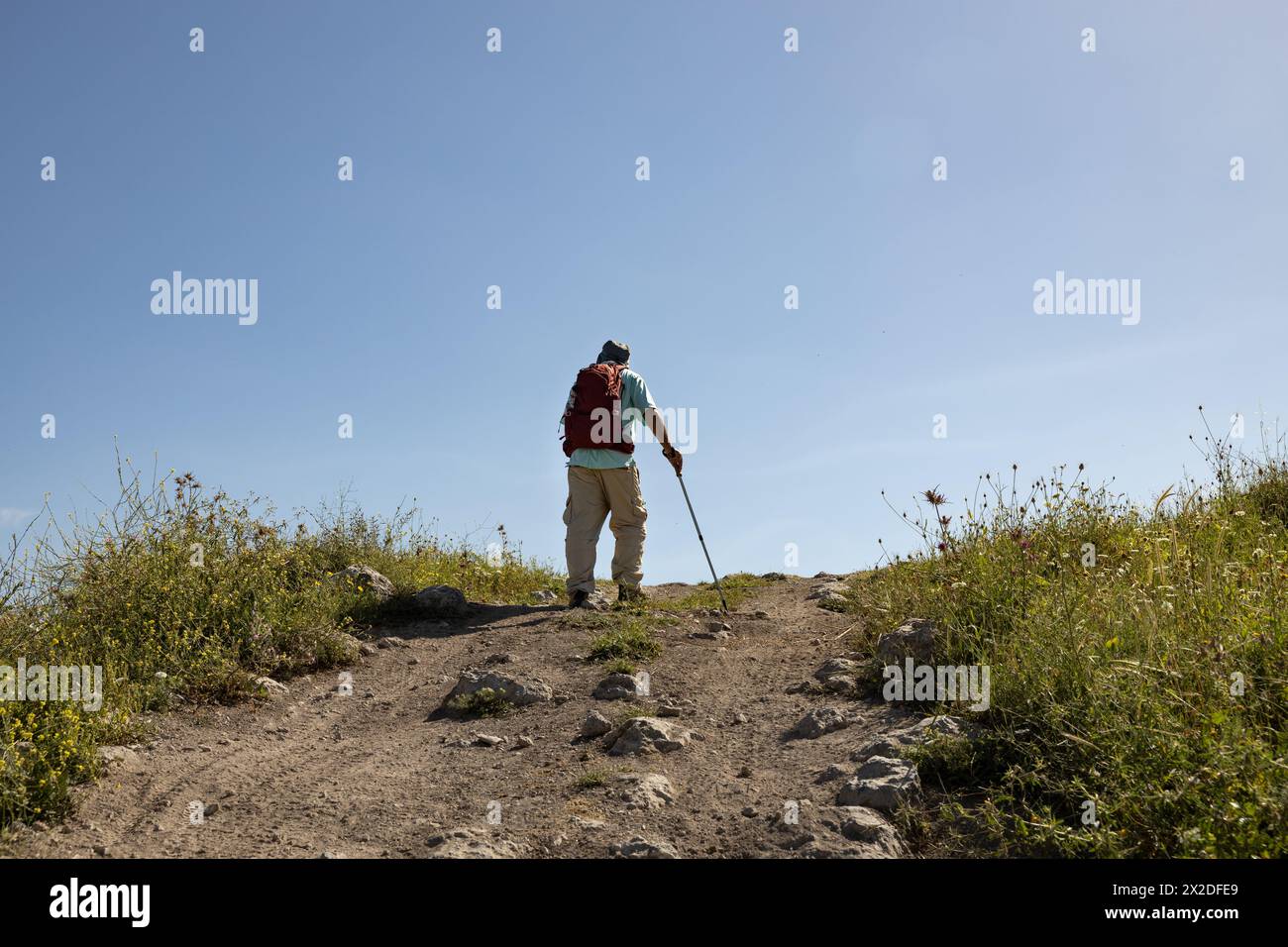 male backpacker with a hiking pole reaches the top of the hill Stock Photo