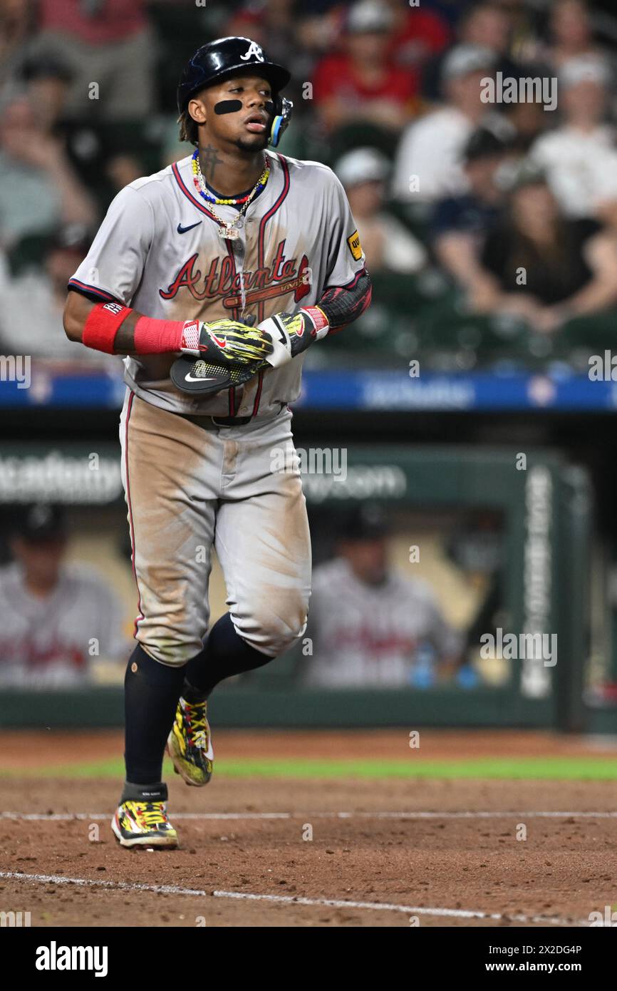 Atlanta Braves outfielder RONALD ACU„A JR. (13) goes to first base after being hit by a pitch in the top of the ninth inning during the MLB baseball g Stock Photo