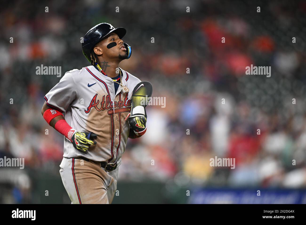 Atlanta Braves outfielder RONALD ACU„A JR. (13) goes to first base after being hit by a pitch in the top of the ninth inning during the MLB baseball g Stock Photo