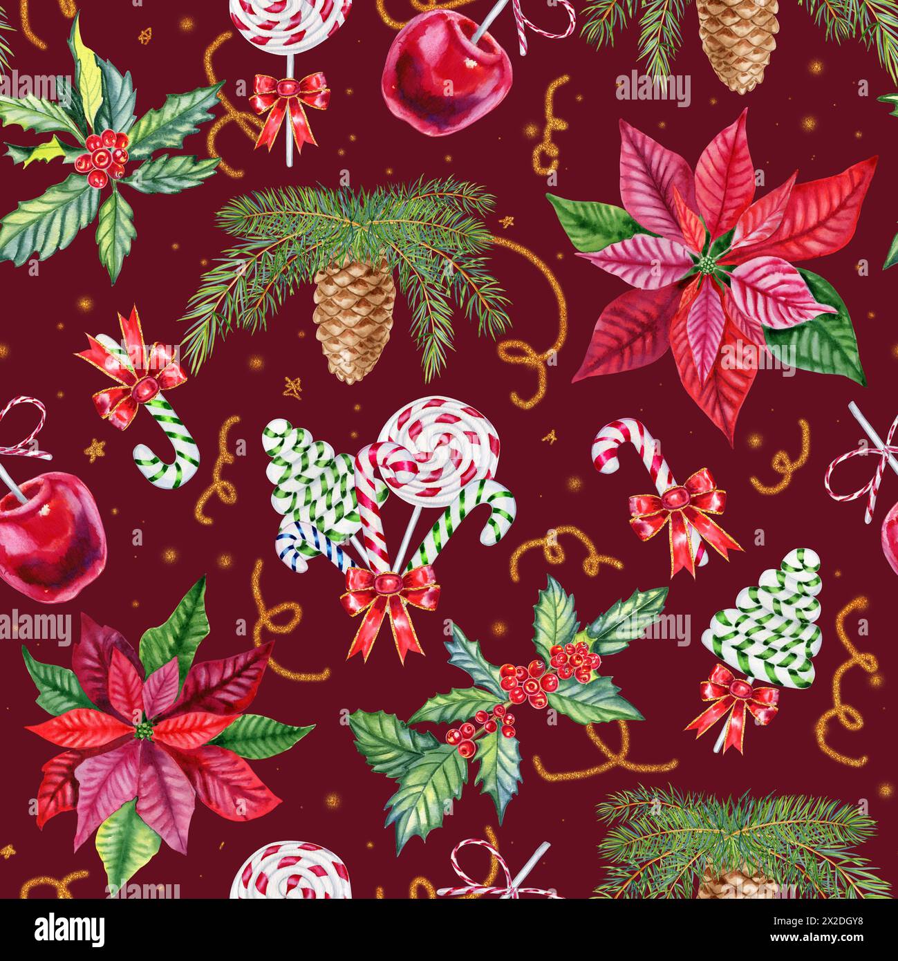 Christmas seamless watercolor pattern with shiny confetti. Hand drawn ...