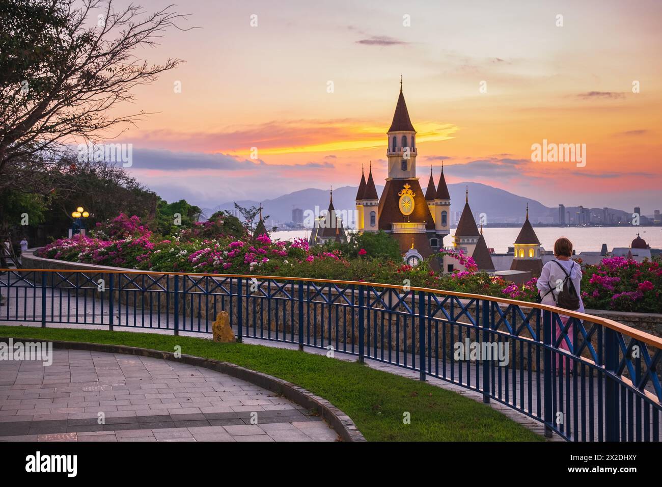 Nha Trang, Vinpearl Island, is a Resort Island with a Water Park, Amusement Park located in Vietnam. tourist attraction. landscape. Sunset photo. Stock Photo