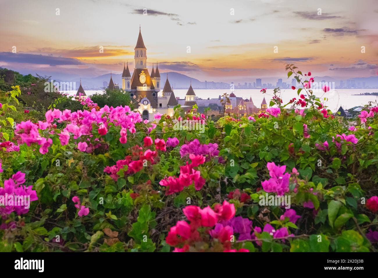 Nha Trang, Vinpearl Island, is a Resort Island with a Water Park, Amusement Park located in Vietnam. tourist attraction. landscape. Sunset photo. Boug Stock Photo