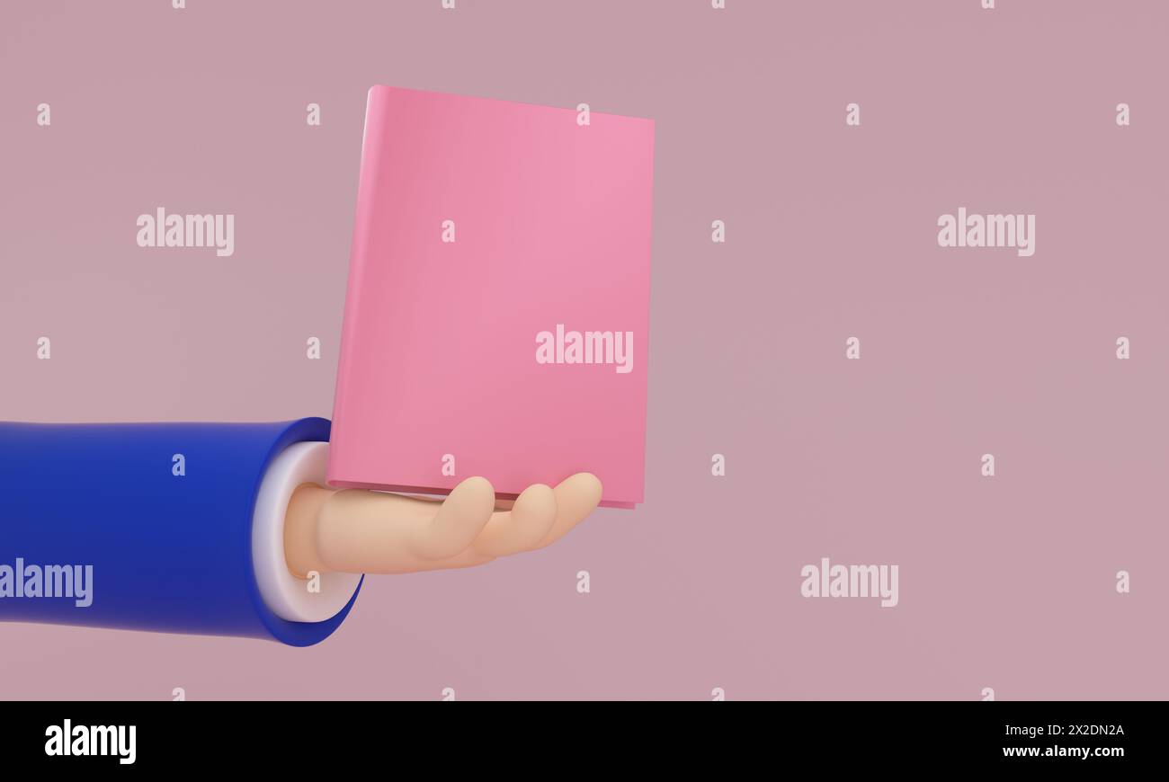 A 3D illustration depicting a cartoon hand in a blue sleeve presenting a plain pink book against a soft background. Stock Photo