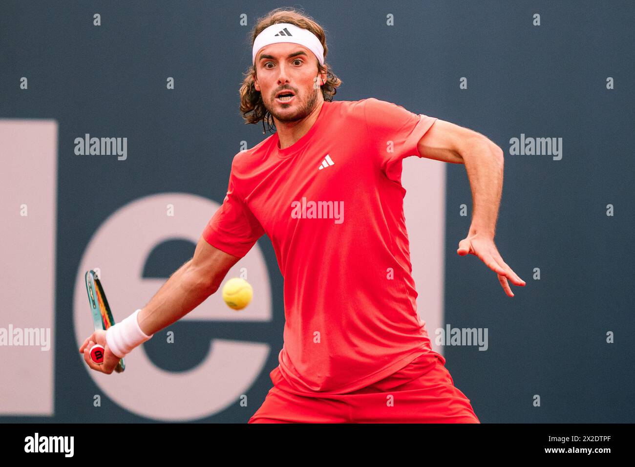 Barcelona, Spain. 21st Apr, 2024. Stefanos Tsitsipas of Greece hits a return during the final match against Casper Ruud of Norway at the ATP Barcelona Open Banc Sabadell tennis tournament in Real Club de Tennis, Barcelona, Spain, April 21, 2024. Credit: Joan Gosa/Xinhua/Alamy Live News Stock Photo