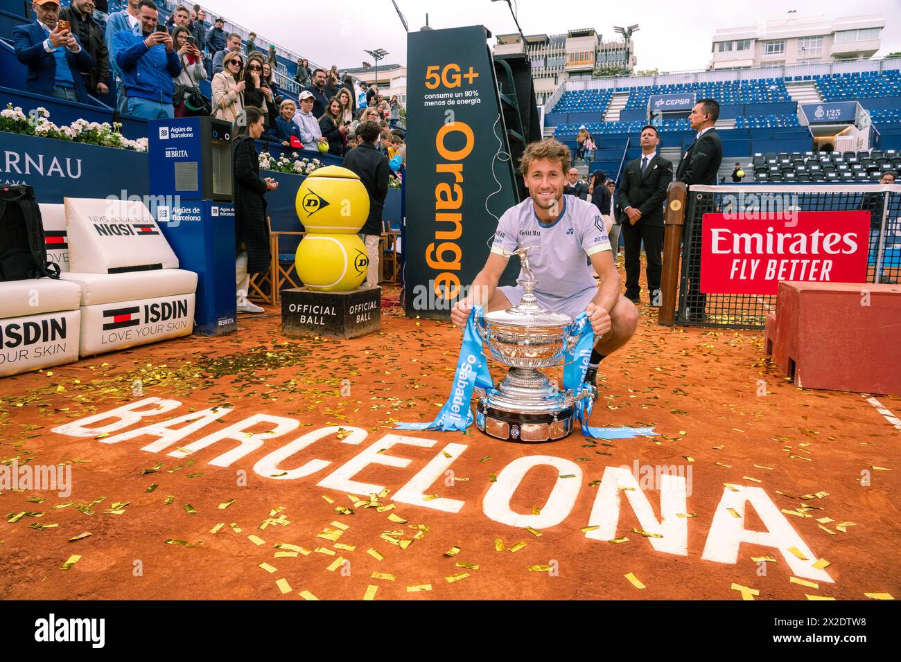 Barcelona, Spain. 21st Apr, 2024. Casper Ruud of Norway celebrates with tropy after winning the final match against Stefanos Tsitsipas of Greece at the ATP Barcelona Open Banc Sabadell tennis tournament in Real Club de Tennis, Barcelona, Spain, April 21, 2024. Credit: Joan Gosa/Xinhua/Alamy Live News Stock Photo