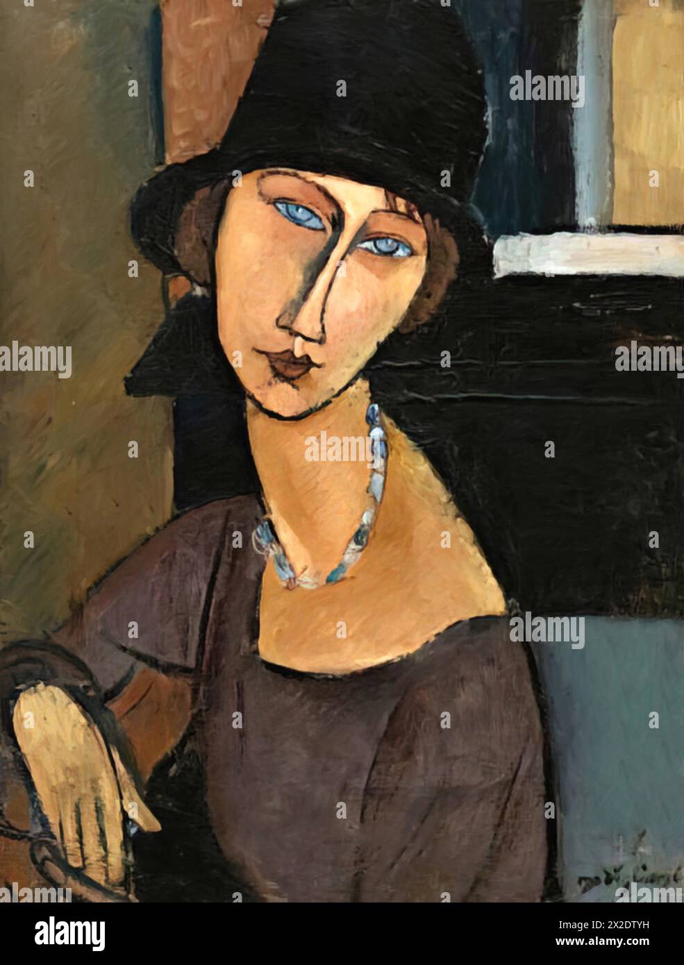 Jeanne Hebuterne wearing a hat, 1917 (Painting) by Artist Modigliani, Amedeo (1884-1920) Italian. Stock Vector