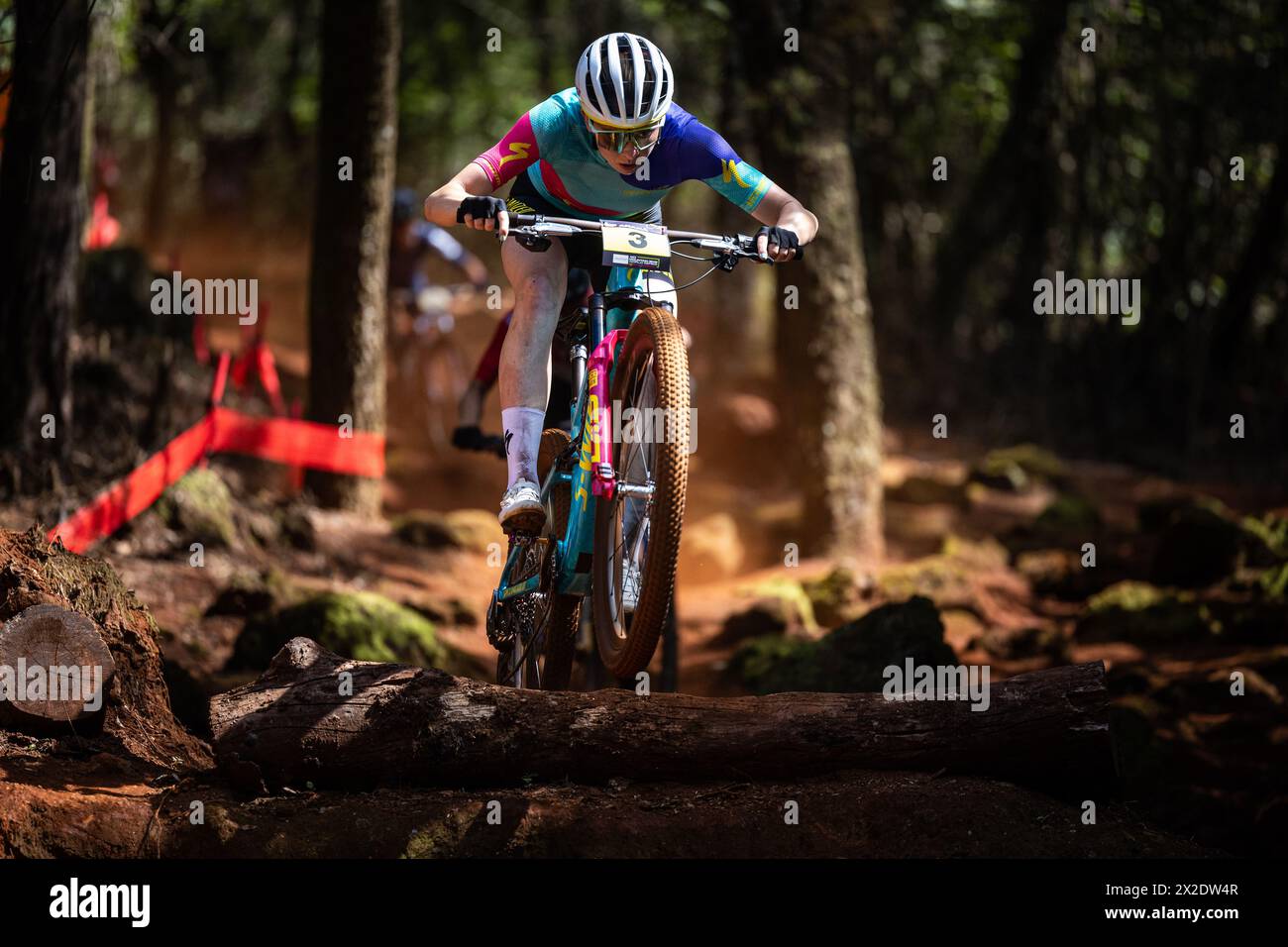 Haley Batten of USA in action during the race of the UCI Mountain Bike World Cup Cross-Country, which takes place in the city Araxa, Brazil, April 21, Stock Photo