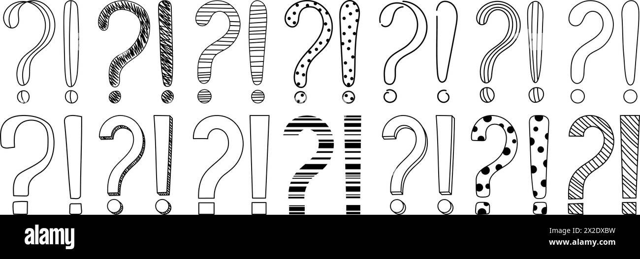 Doodle question and exclamation marks hand drawn sketch vector illustration set. Stock Vector