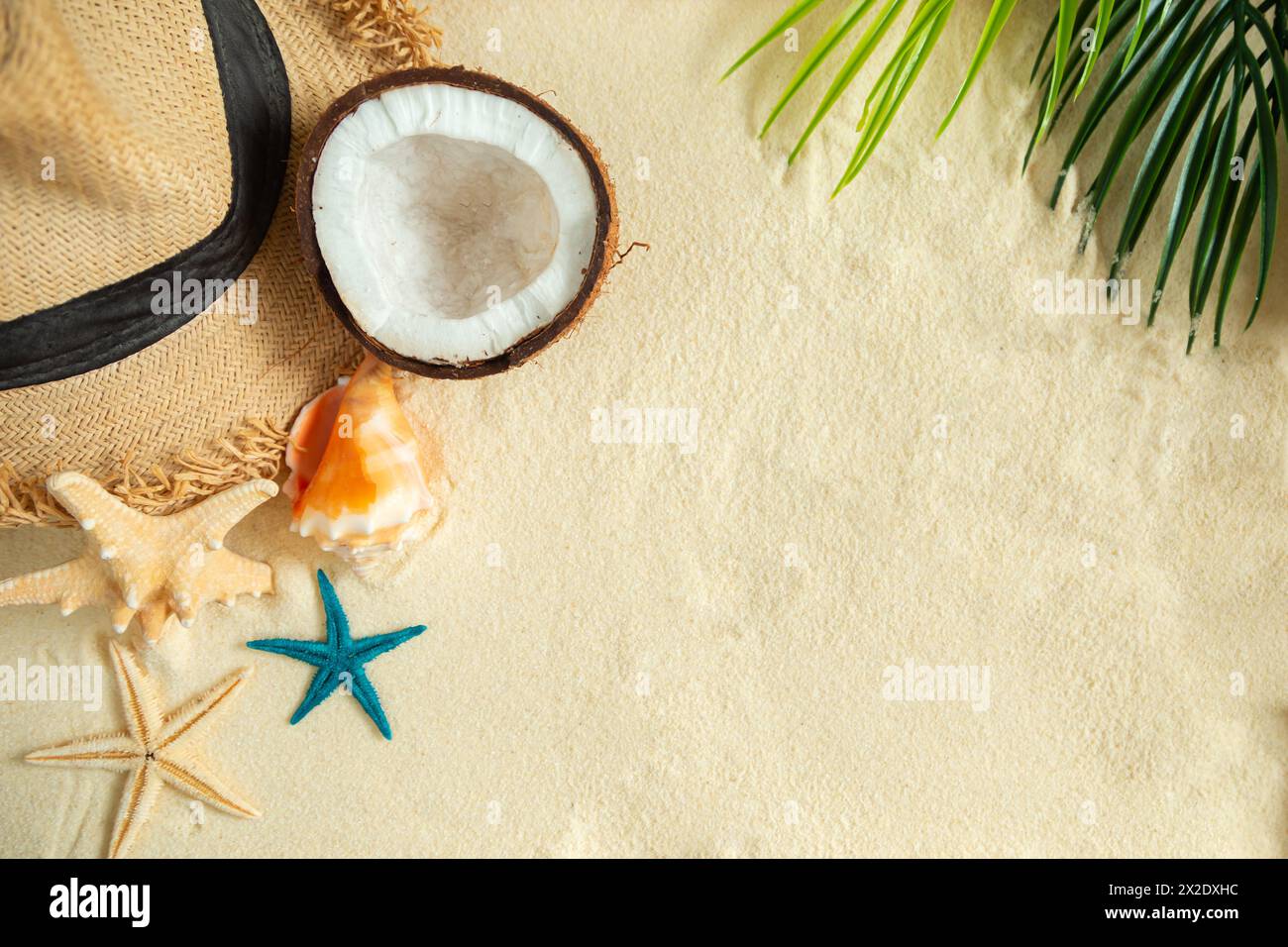 Straw hat, coconut, starfish and shells on white fine sand. Shadow from palm leaves. Summer background, free space for decoration, flat lay. Stock Photo