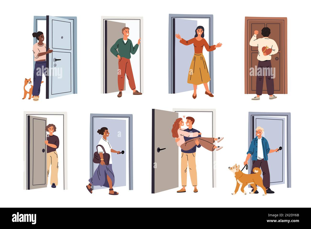 People in doorways. Characters opening wooden doors. Apartment inputs