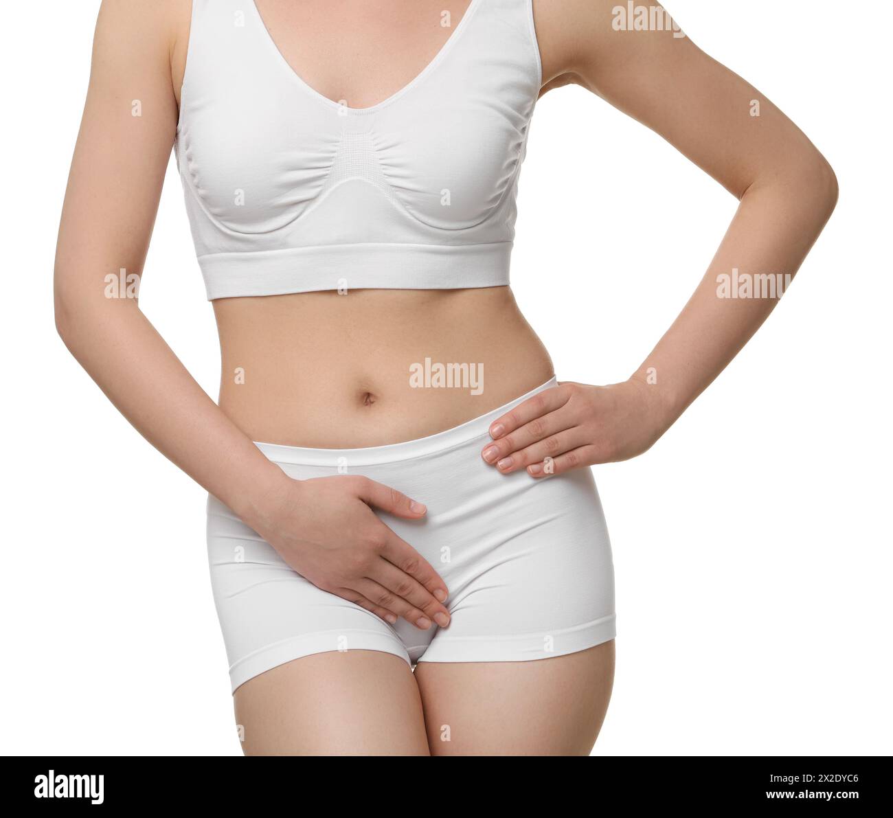 Woman suffering from cystitis on white background, closeup Stock Photo