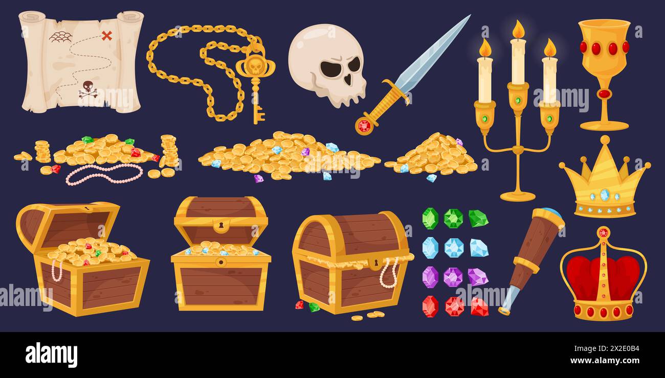 Cartoon pirate trophies. Treasure in wooden chests. Golden coins. Human skull. Antique sword and spyglass. Jewel crown. Medieval box. Gemstones heap Stock Vector