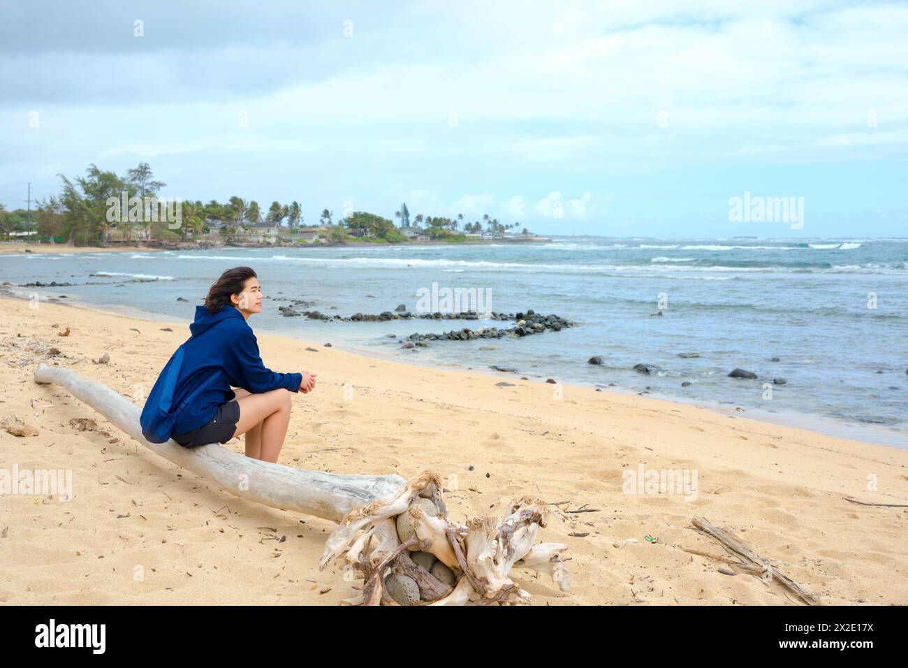 Young teen girl sitting alone on log on beach, looking out towards ocean, thinking Stock Photo