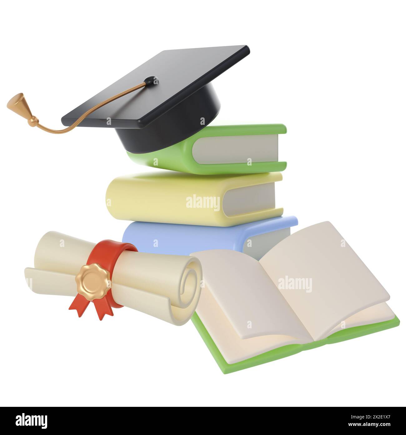 3D Stack of Closed Books, Diploma scroll and university or college black cap graduate Icon. Render Education or Business Literature. E-book, Literatur Stock Photo