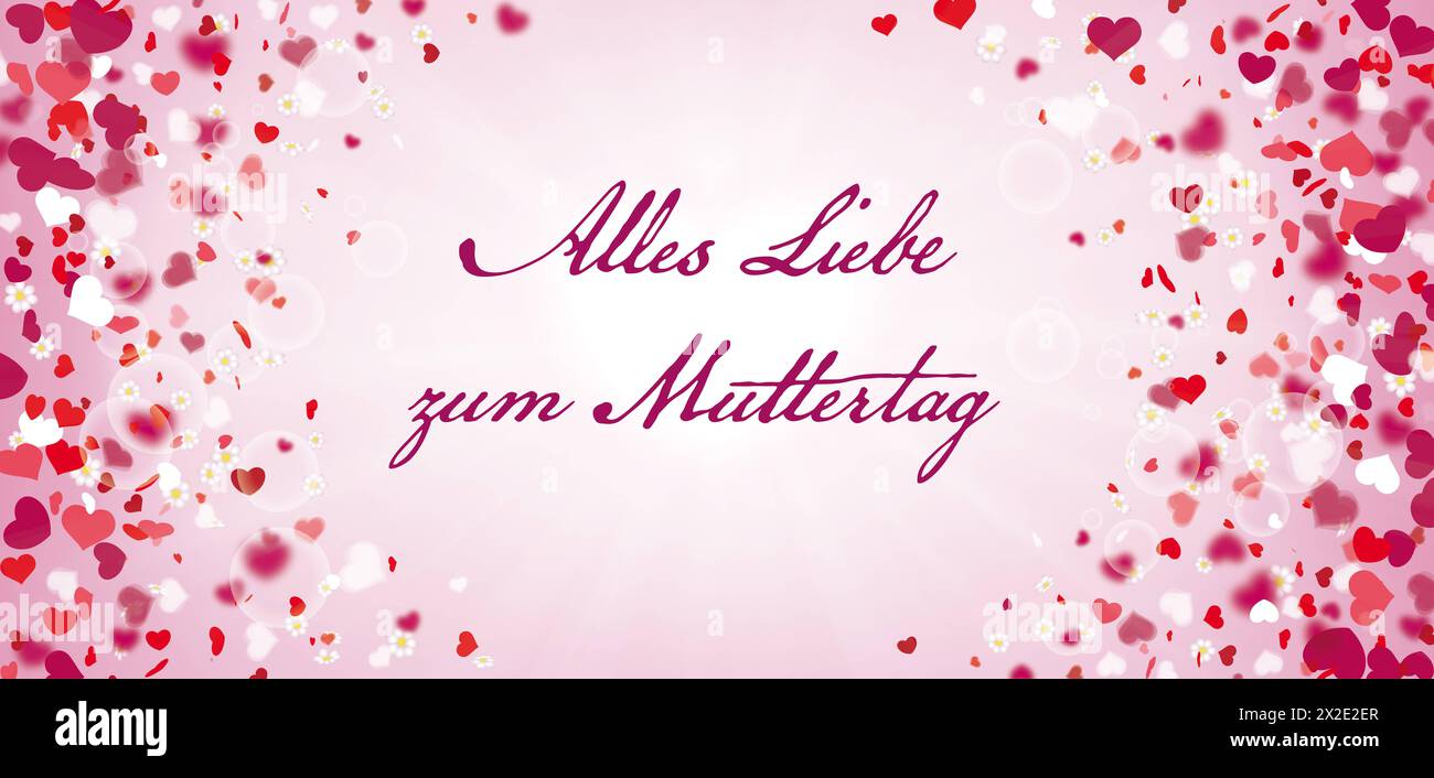 Muttertag Sunbeam Heart Cherry Flowers Header German text Alles Liebe zum Muttertag, translate Happy Mothers Day. Stock Photo