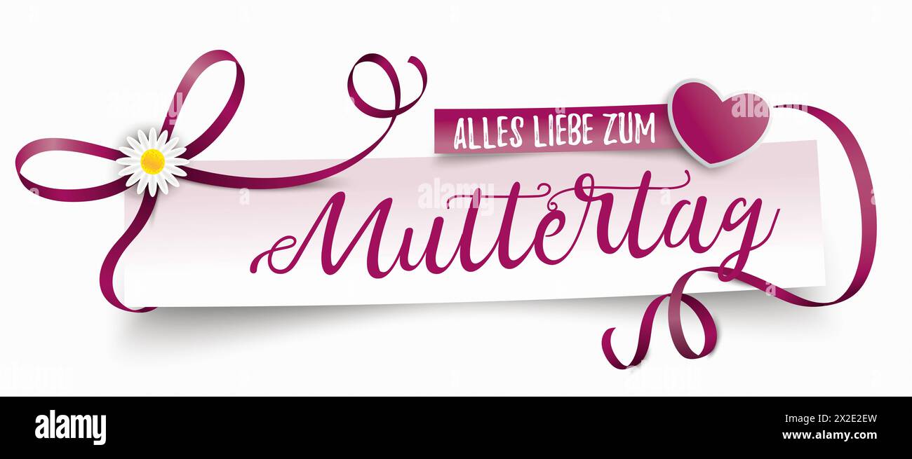 Paper Banner Purple Ribbon Muttertag German text Alles Liebe zum Muttertag, translate Happy Mother s Day. Stock Photo