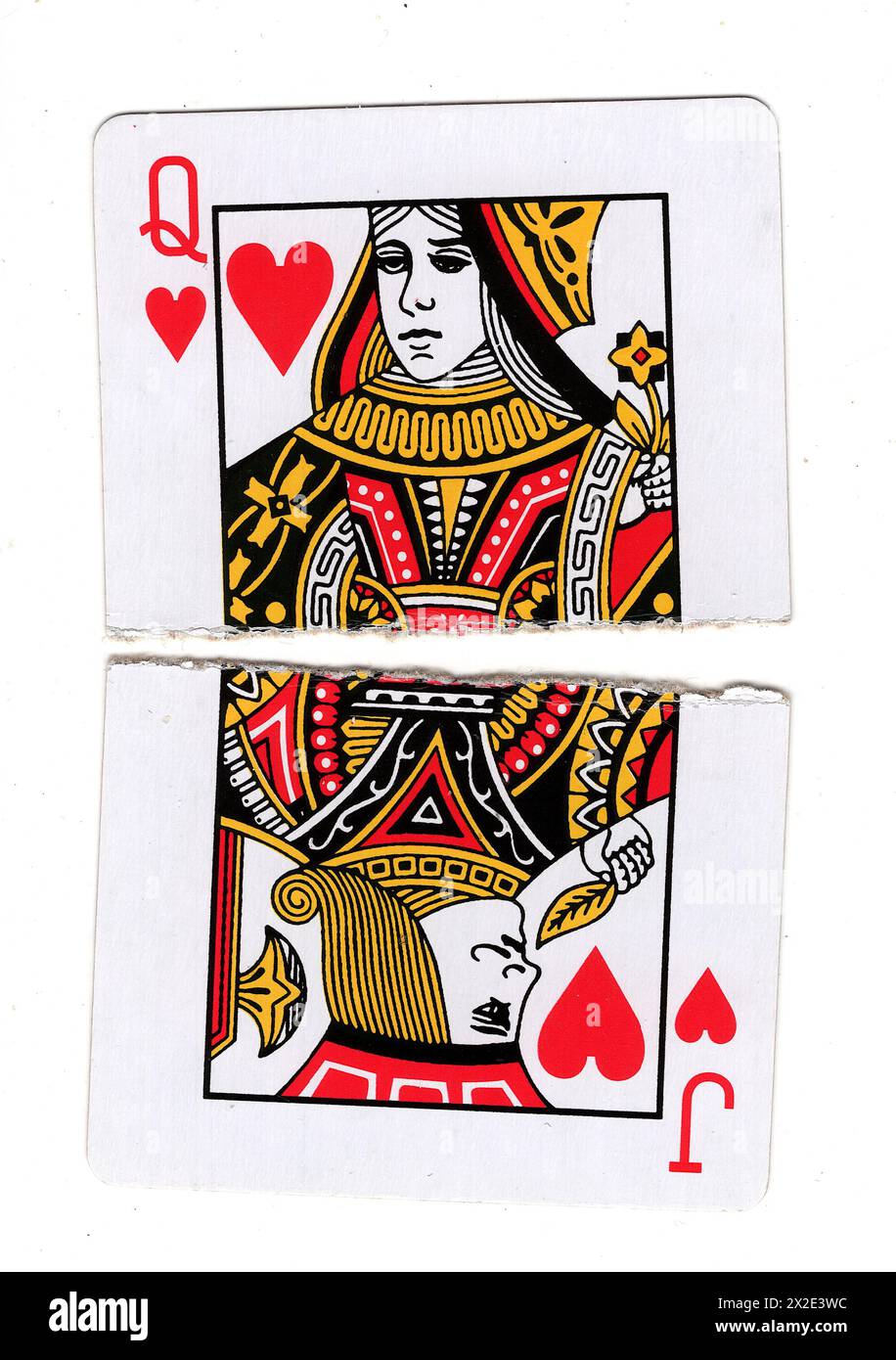 Queen Card Ripped Torn halves of vintage playing cards showing a queen and jack of hearts ...
