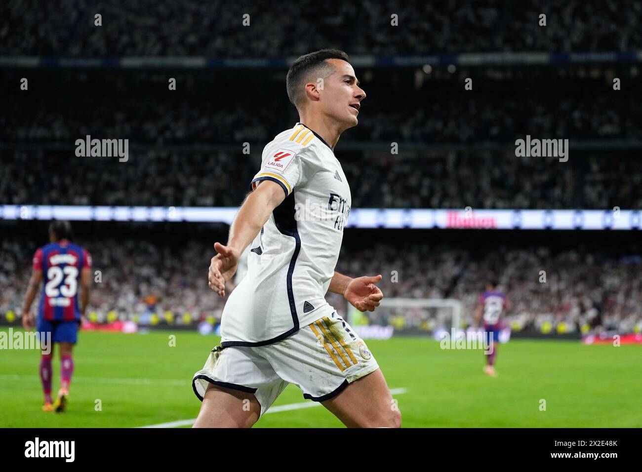 Lucas Vazquez of Real Madrid celebrates a goal 2-2 during the Spanish championship La Liga football match between Real Madrid and FC Barcelona on April 21, 2024 at Santiago Bernabeu stadium in Madrid, Spain Stock Photo