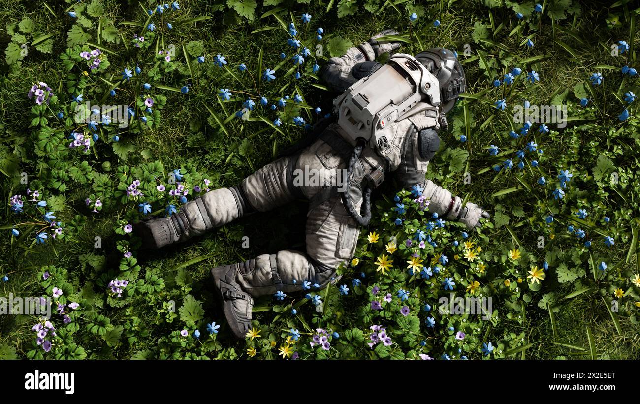 Astronaut is sprawled out on a vibrant green meadow dotted with colorful wildflowers, basking in sunlight. 3d render Stock Photo
