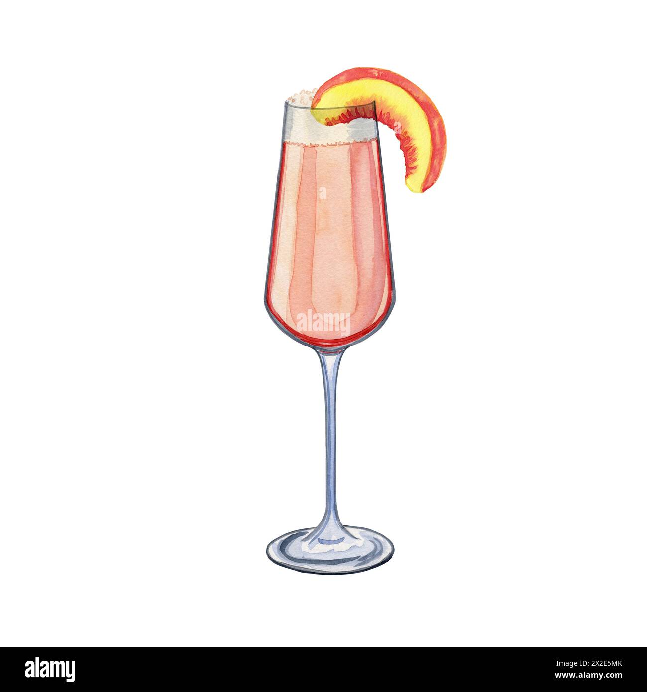 Bellini cocktail watercolor illustration. Hand drawn image of an alcoholic drink in a glass garnished with a piece of peach on an isolated background. Stock Photo