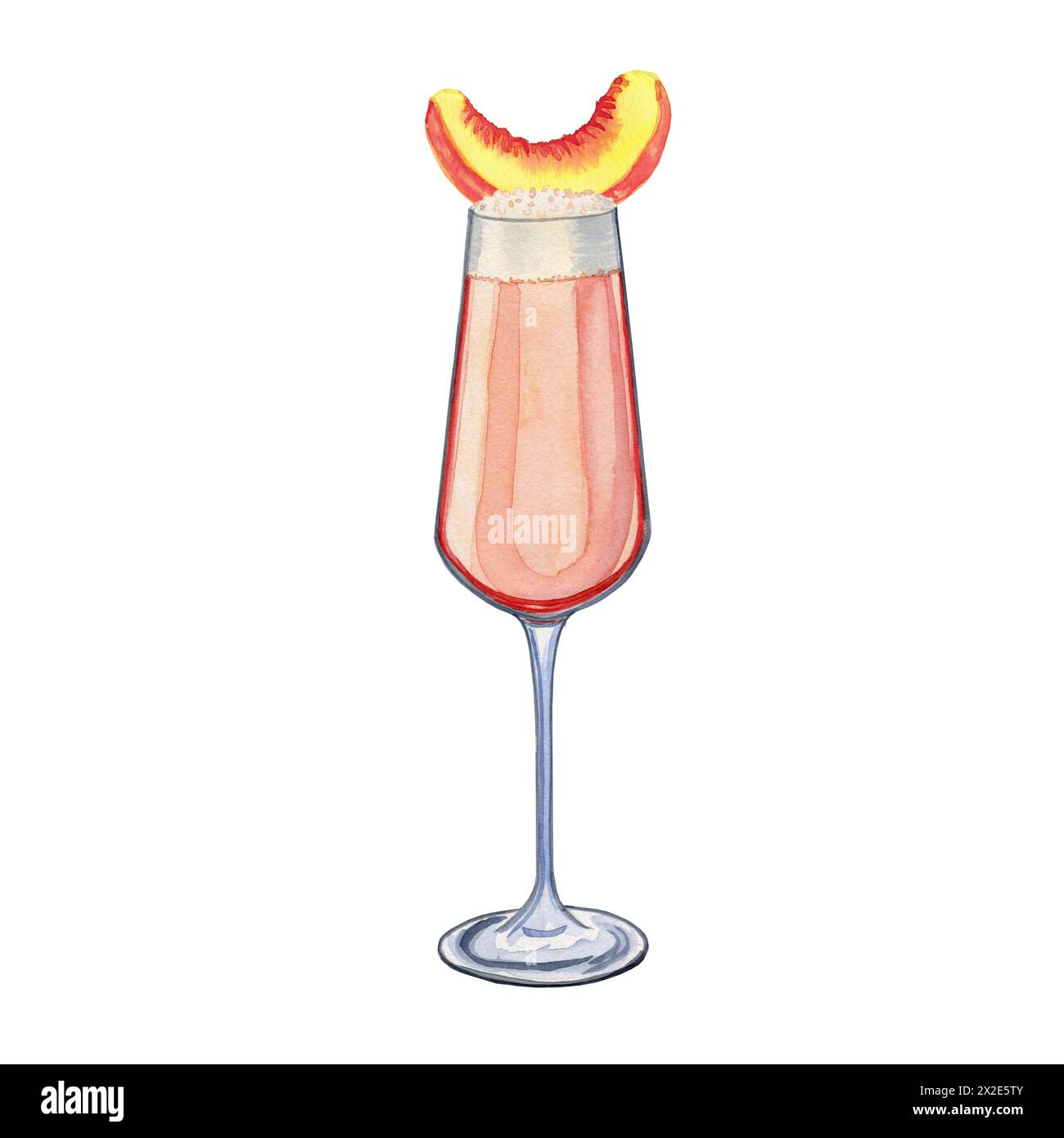 Bellini cocktail watercolor illustration. Hand drawn image of an alcoholic drink in a glass garnished with a piece of peach on an isolated background. Stock Photo