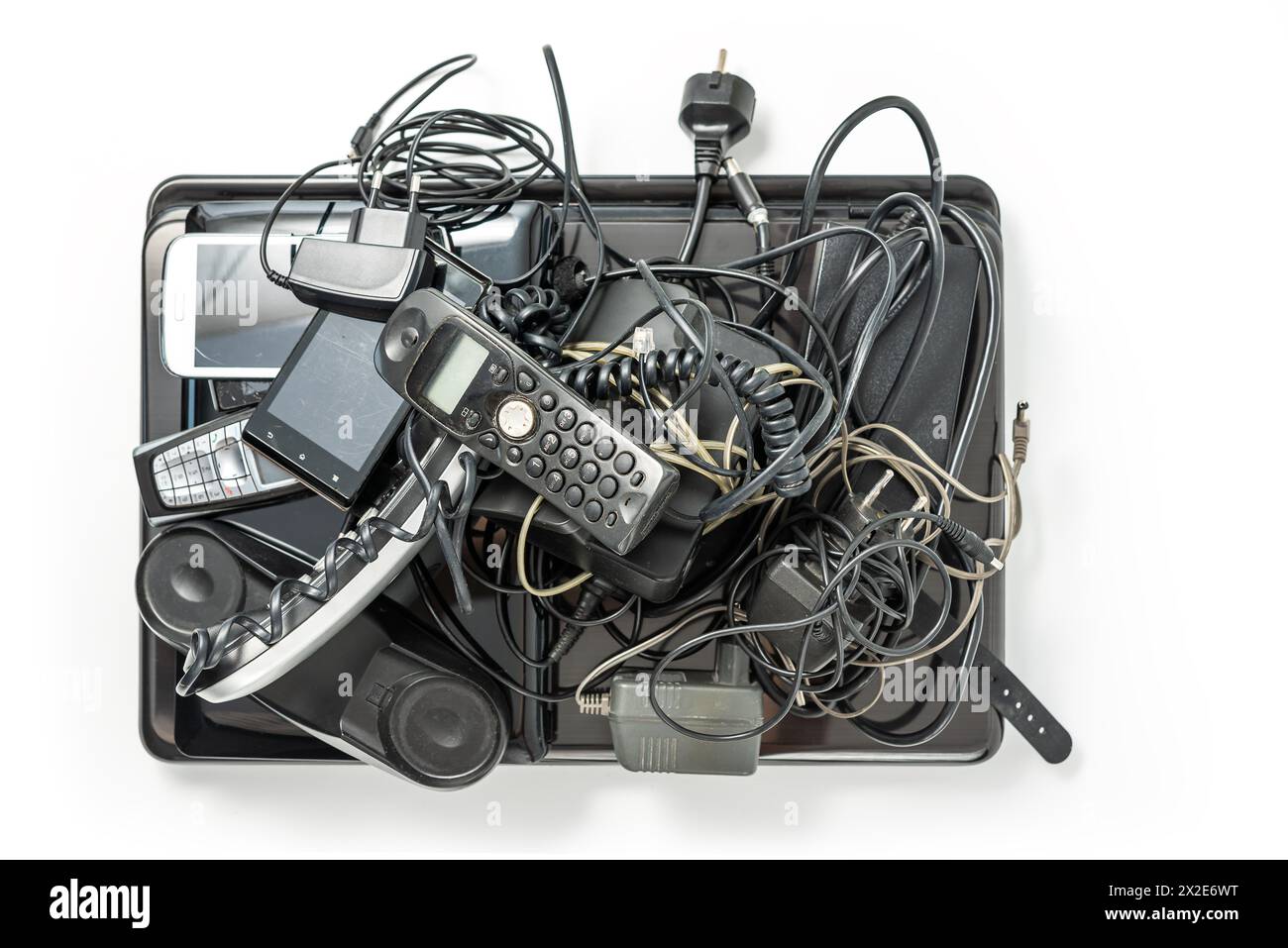 Electronic waste ready to recycle, isolated on white background. pile