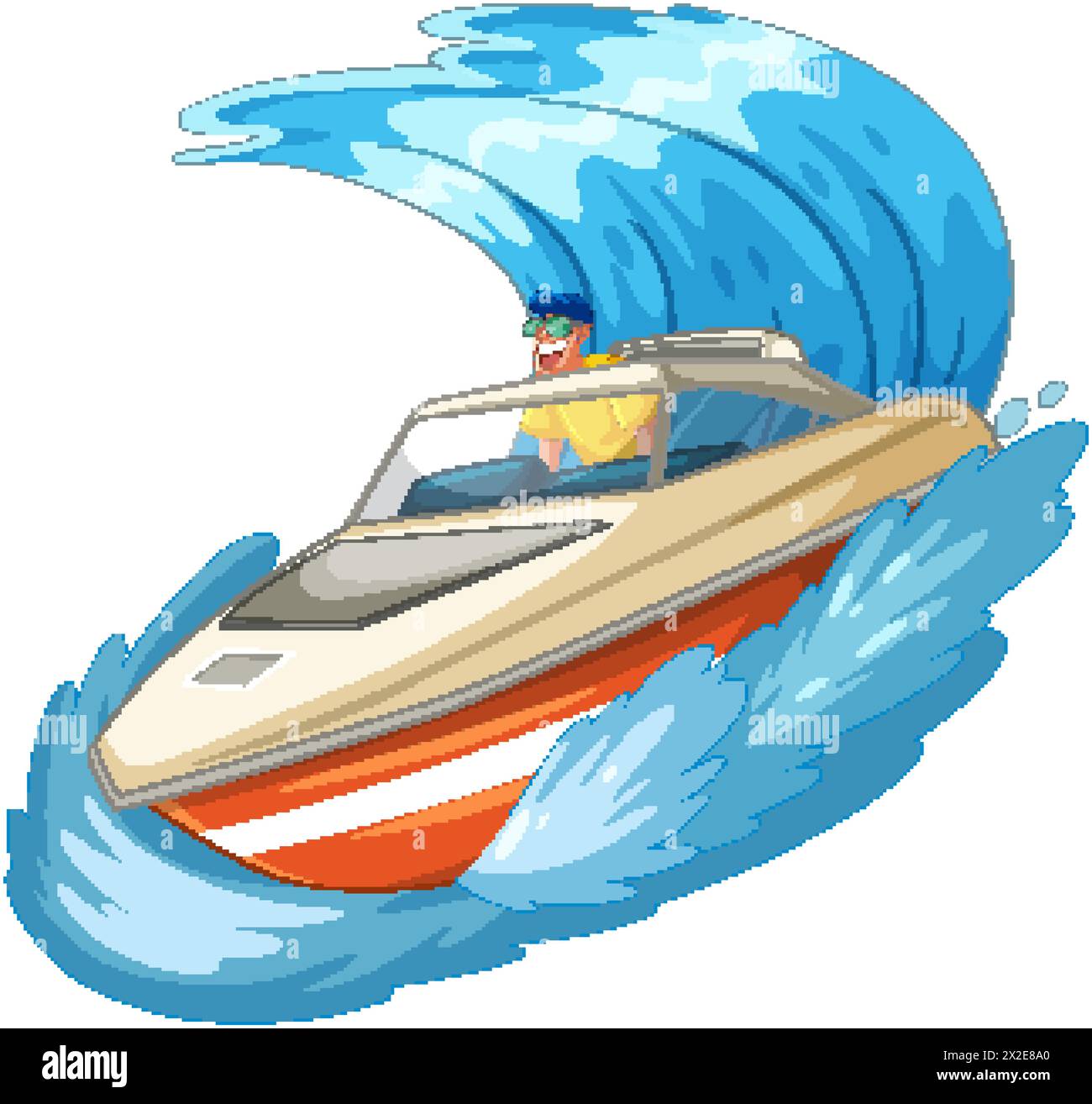 Colorful vector of a speedboat riding large blue waves Stock Vector