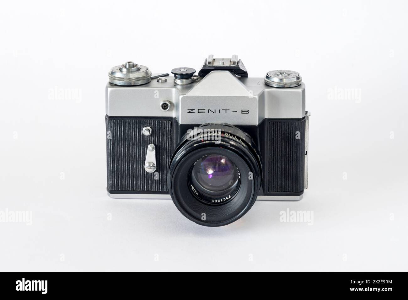 A Russian Zenit-B or Zenith-B 35mm film SLR camera with 58mm f2 Helios-44 standard lens.  Produced from 1968–1977. Stock Photo