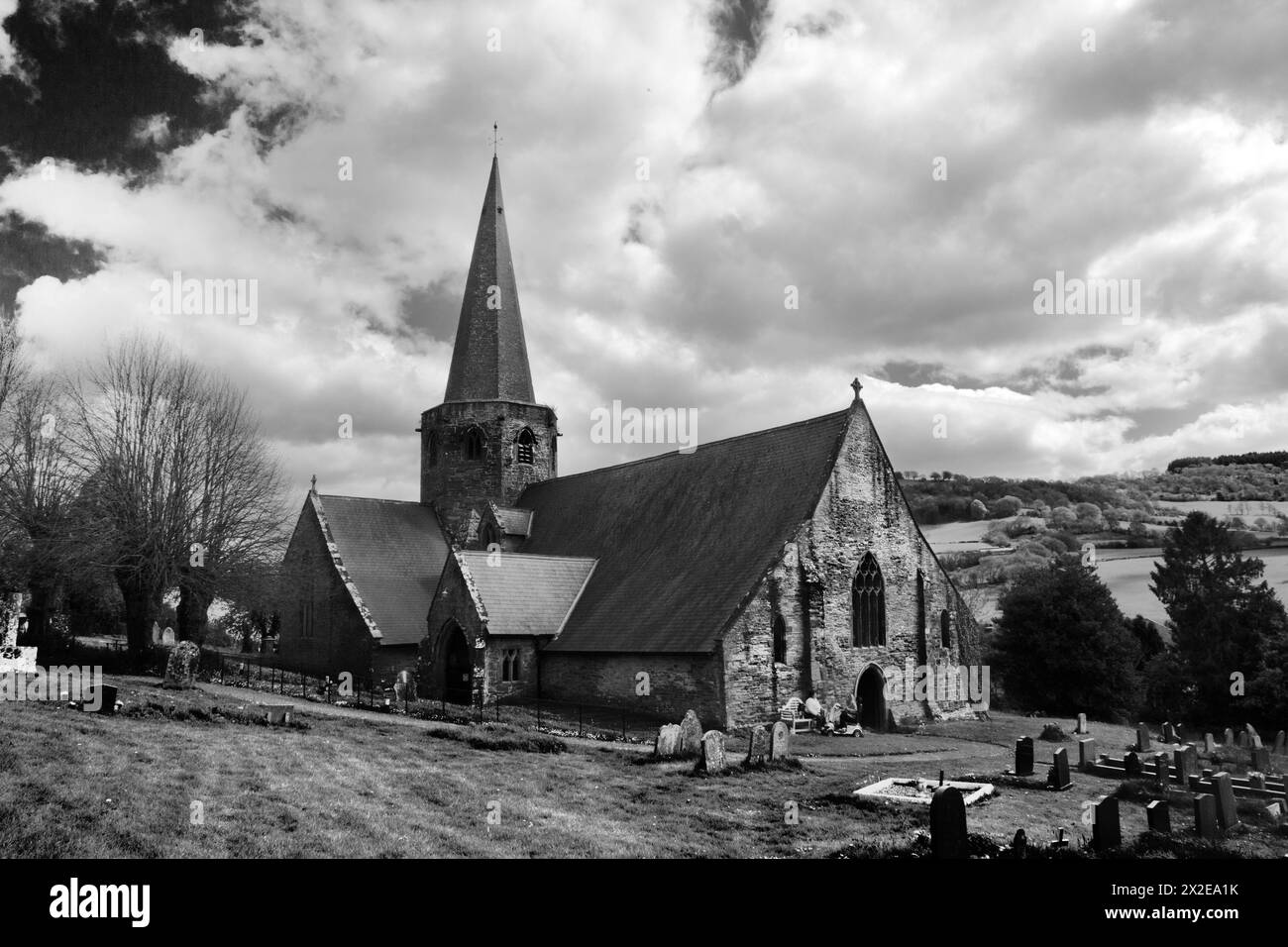 St Nicholas Church, Grosmont,, Monmouthshire is a C13th Grade I listed building and active parish church, its exceptional size reflecting its importan Stock Photo