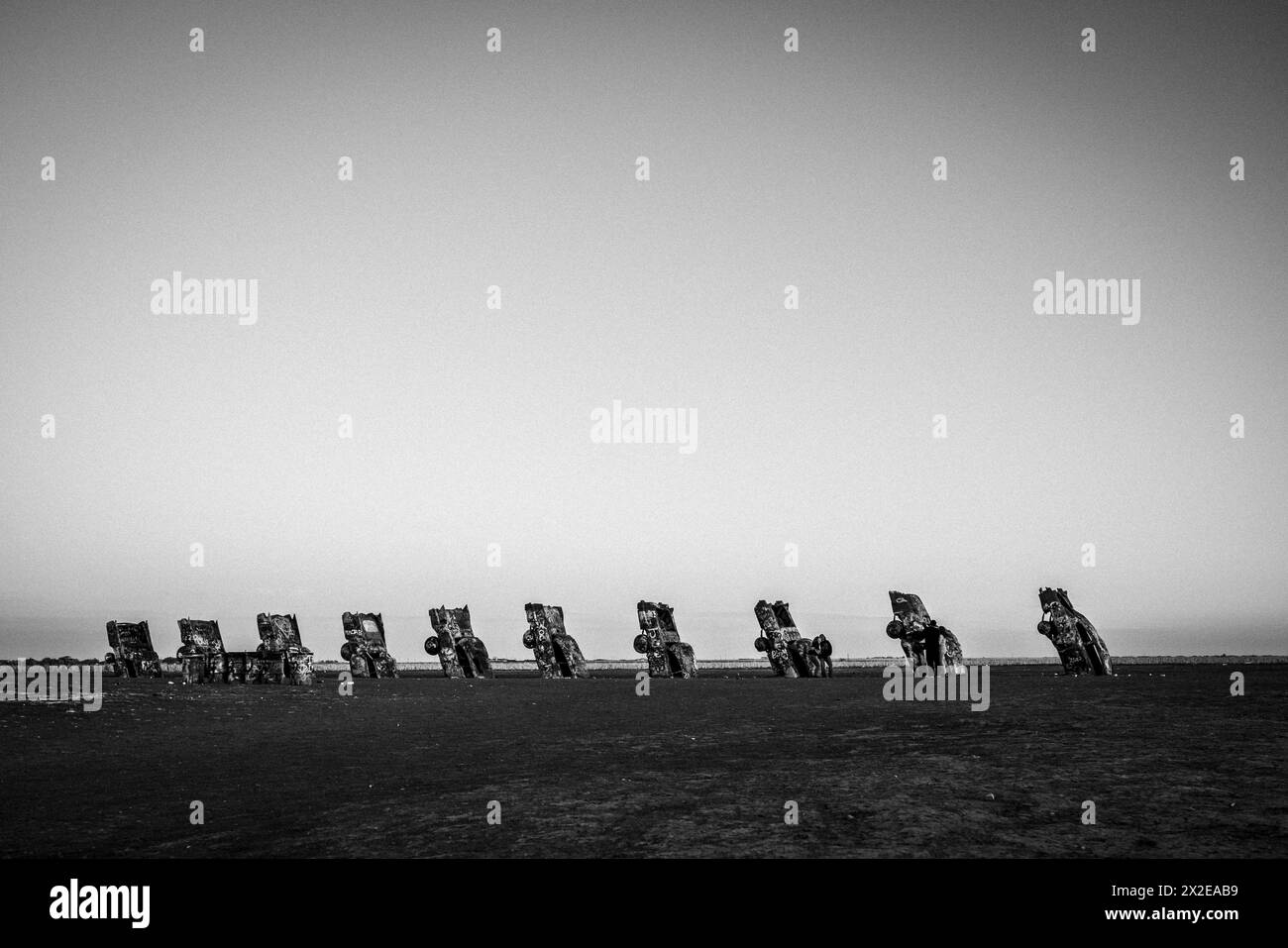 Black and white image of Cadillac Ranch near Amarillo, Texas Stock