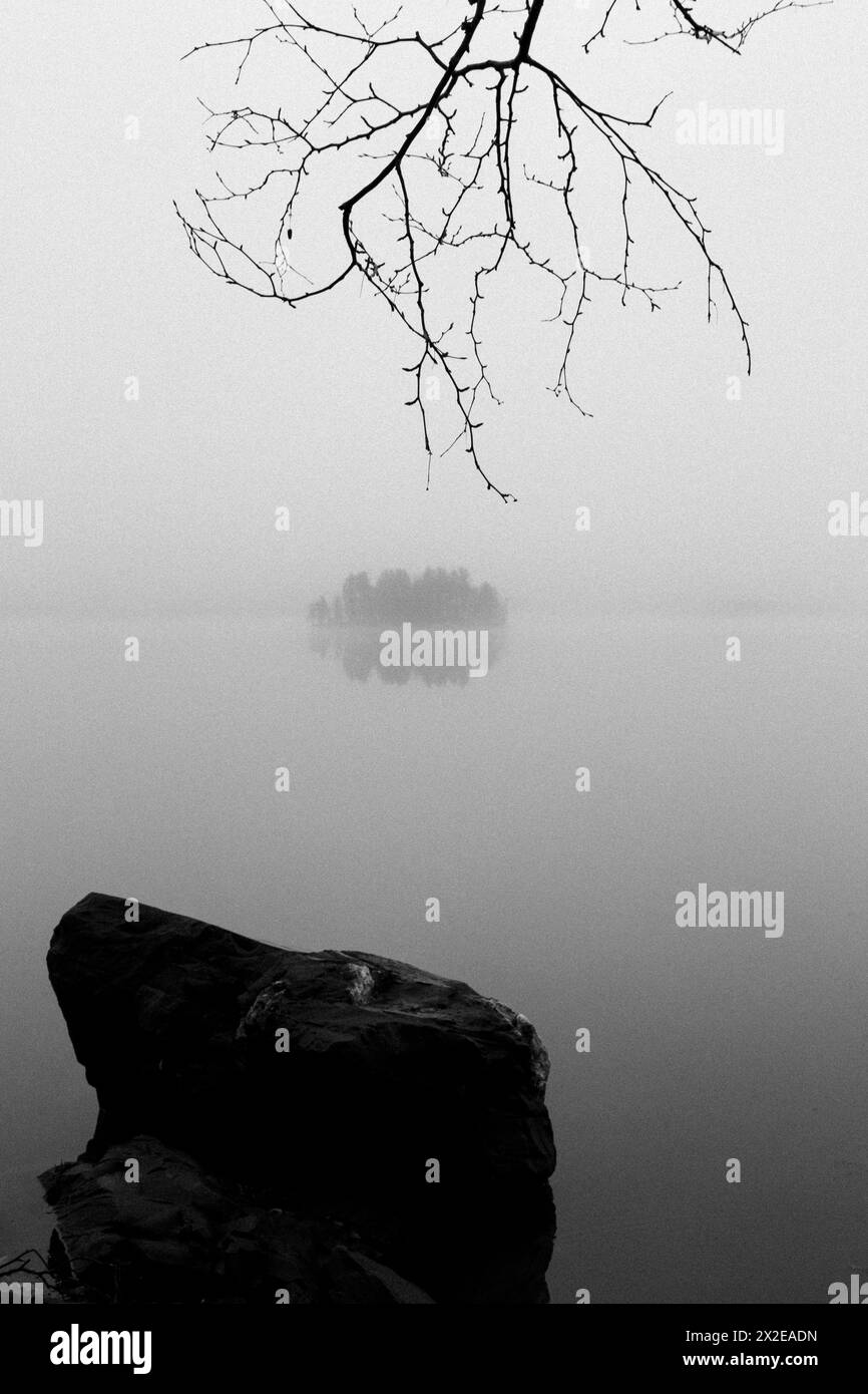 Rock, tree branches and island on a foggy and misty calm lake, Maine Stock Photo