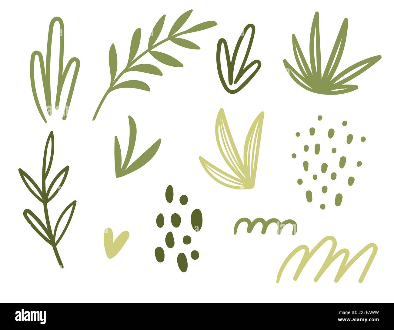 Set of simple green leaves and grass vector illustration isolated on ...