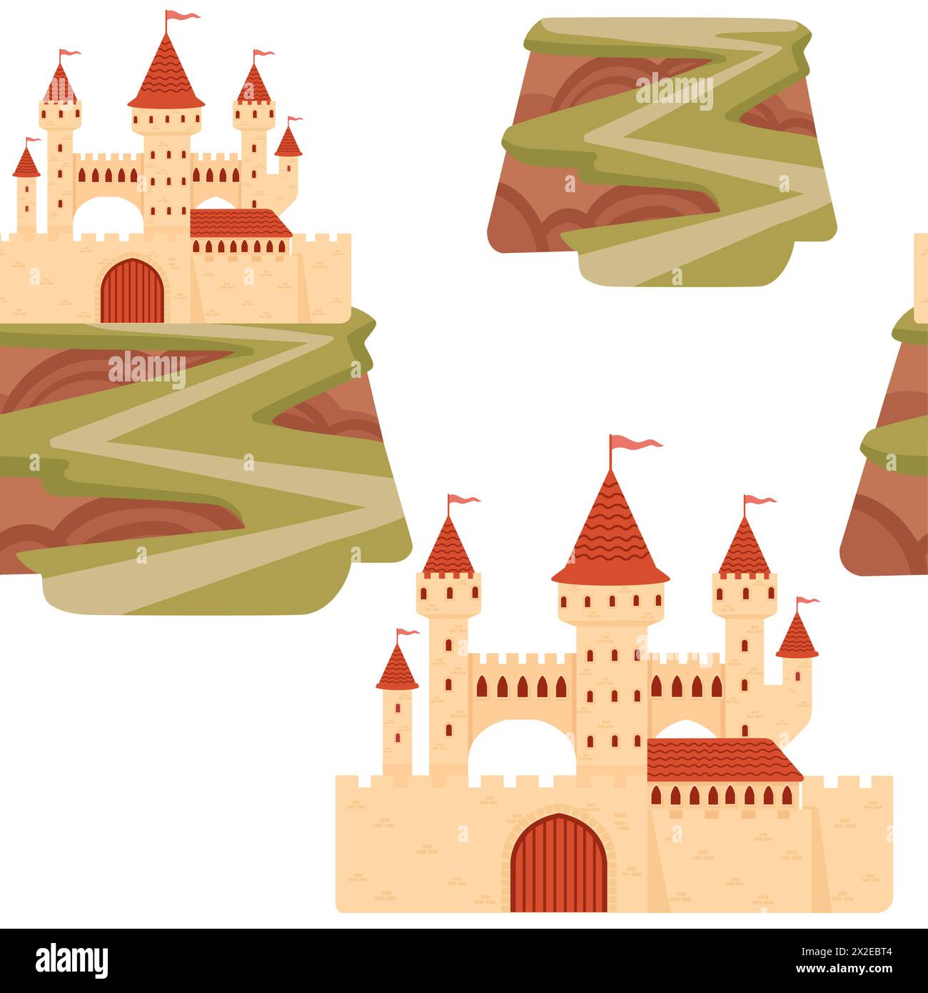 Seamless pattern of fantasy medieval stone castle with towers gate standing on a high mountain vector illustration on white background Stock Vector