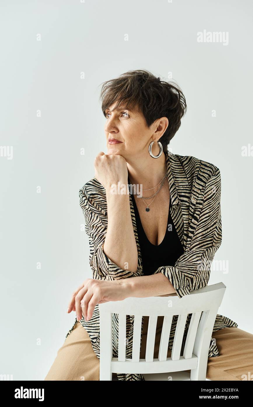A middle aged woman with short hair elegantly poses on top of a white chair in a stylish studio setting. Stock Photo