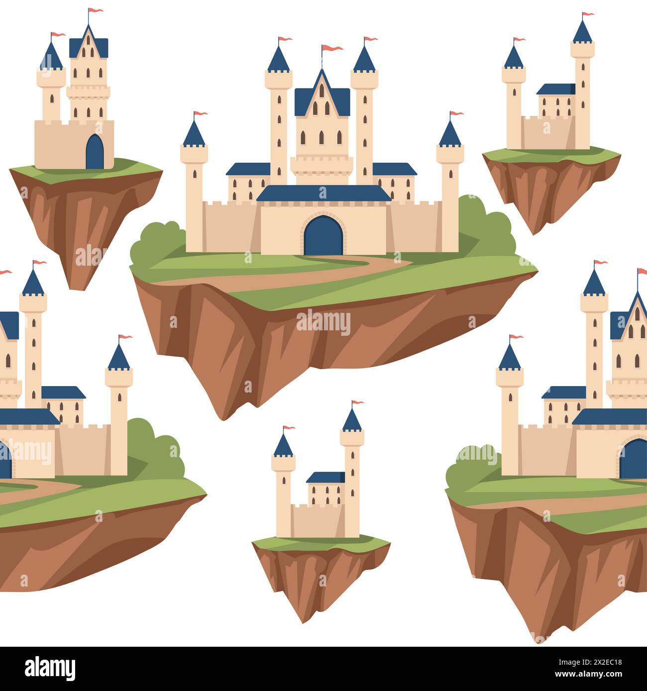 Seamless pattern of fantasy medieval stone castle with towers gate floating in the sky on big piece of ground vector illustration on white background Stock Vector