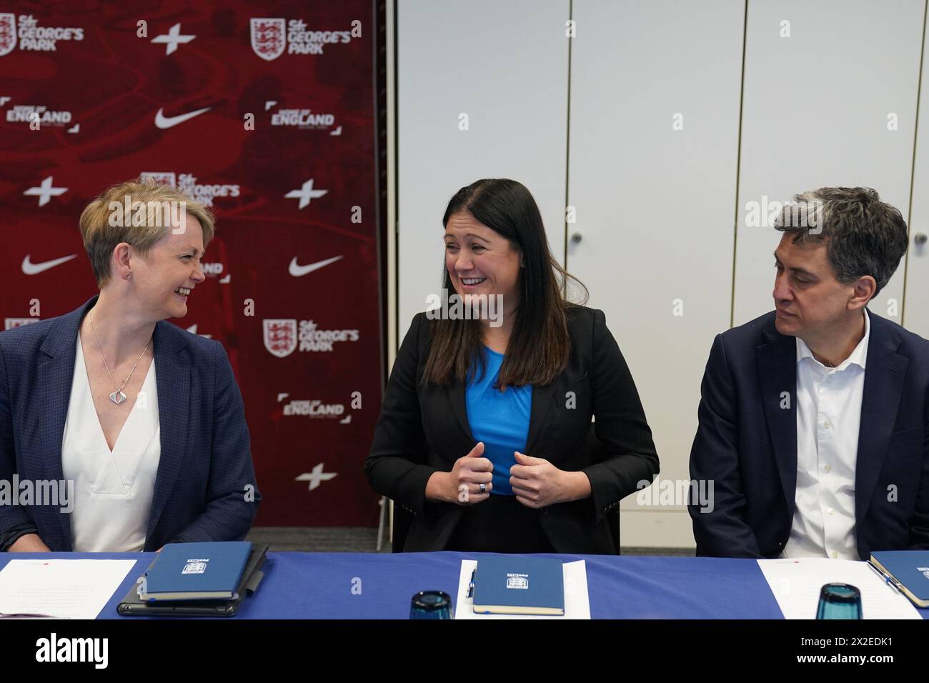 (left to right) Shadow secretary of state for the Home Department Yvette Cooper, Lisa Nandy shadow cabinet minister for international development and Ed Miliband shadow secretary of state for energy security and net zero, during a shadow cabinet meeting at St. George's Park, Burton-Upon-Trent in the West Midlands. Picture date: Monday April 22, 2024. Stock Photo