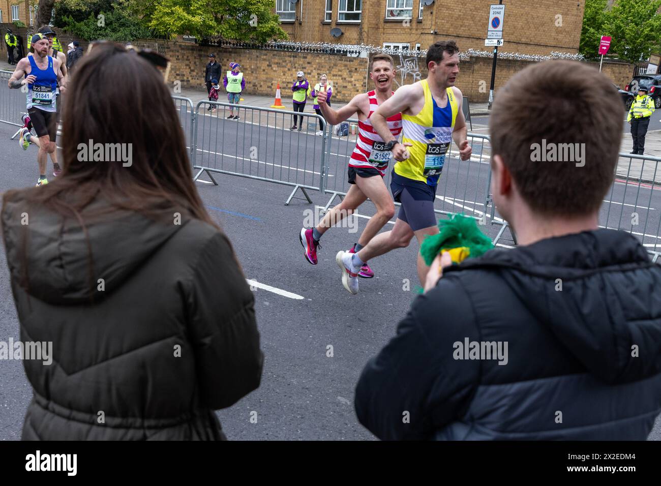London, UK. 21st April, 2024. Runner Robert Duggleby gives a thumbs up ...