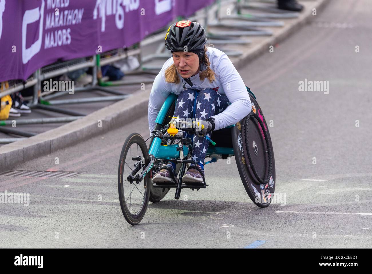 Corey Petersen of the USA competing in the TCS London Marathon 2024 passing through Tower Hill, London, UK. Marine Corps veteran Stock Photo