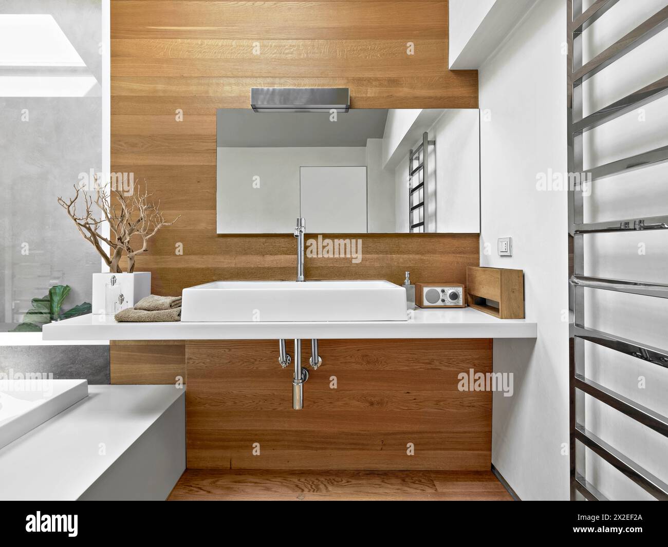 interior shots of a modern bathroom with countertop washbasin on the top  and waiscoting Stock Photo